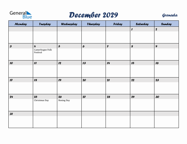 December 2029 Calendar with Holidays in Grenada