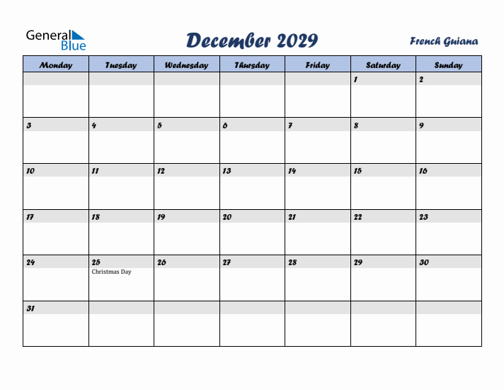 December 2029 Calendar with Holidays in French Guiana