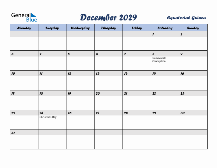 December 2029 Calendar with Holidays in Equatorial Guinea