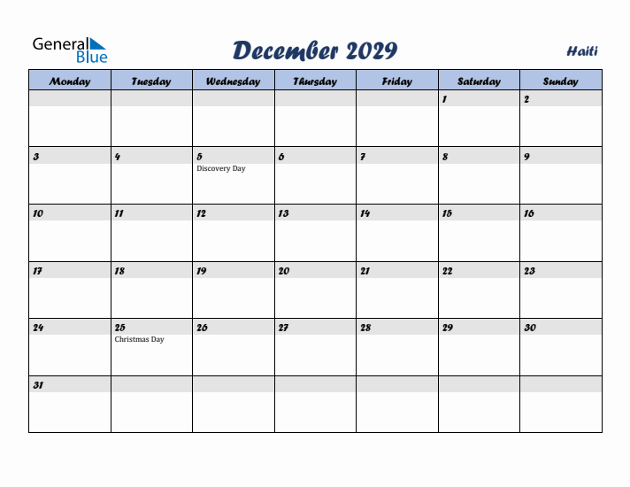 December 2029 Calendar with Holidays in Haiti