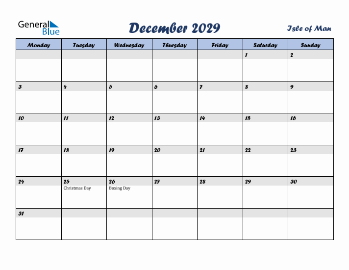 December 2029 Calendar with Holidays in Isle of Man