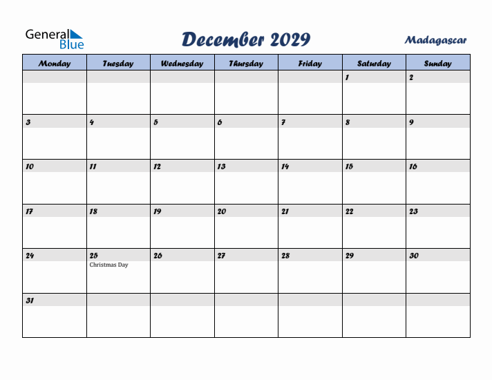 December 2029 Calendar with Holidays in Madagascar