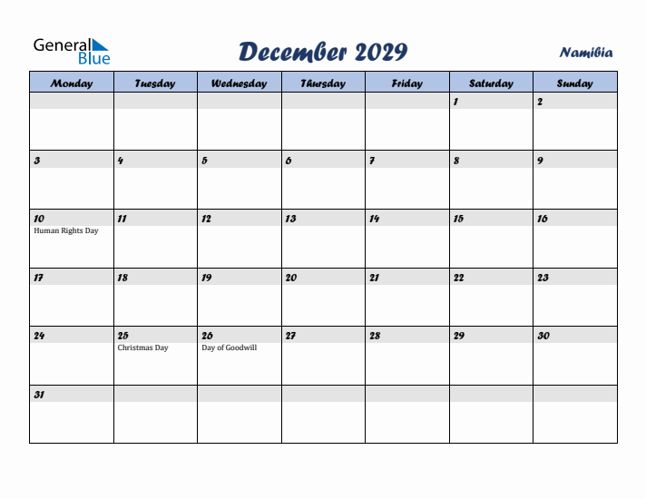 December 2029 Calendar with Holidays in Namibia