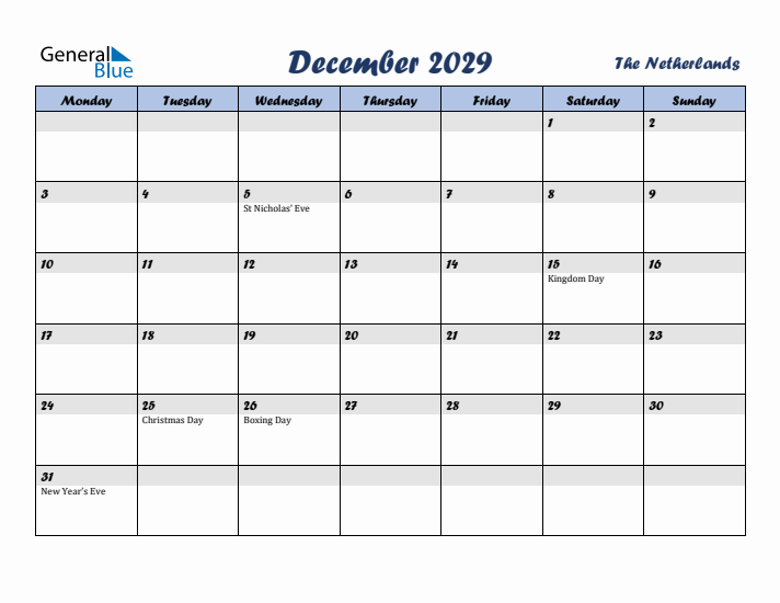 December 2029 Calendar with Holidays in The Netherlands