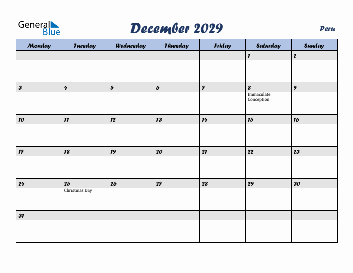 December 2029 Calendar with Holidays in Peru