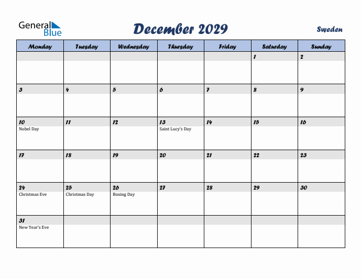 December 2029 Calendar with Holidays in Sweden