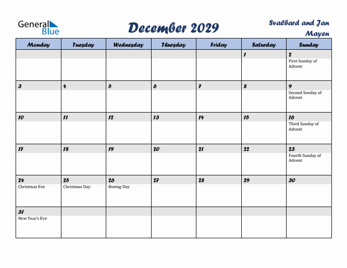 December 2029 Calendar with Holidays in Svalbard and Jan Mayen