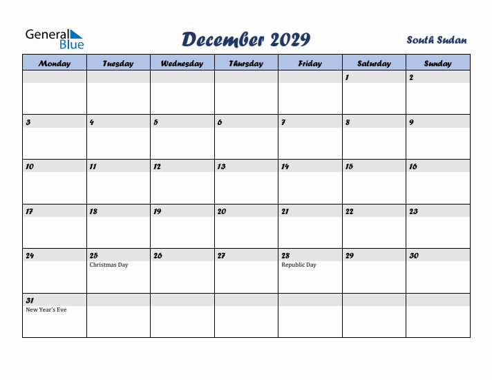 December 2029 Calendar with Holidays in South Sudan