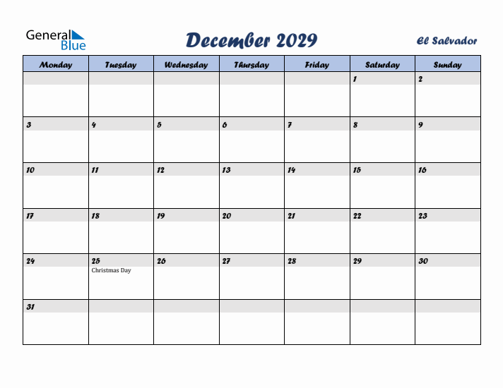 December 2029 Calendar with Holidays in El Salvador