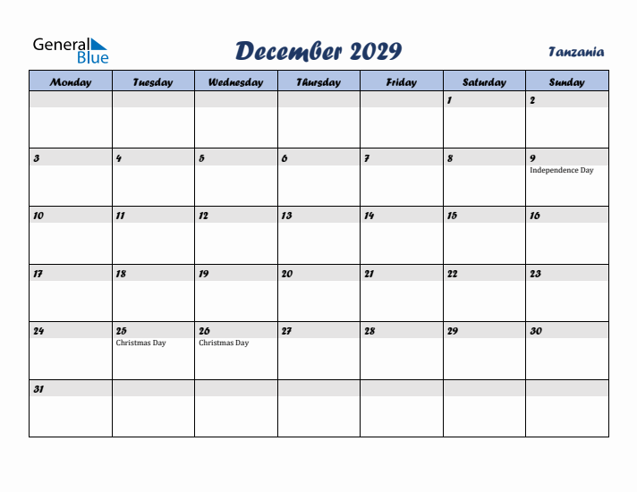 December 2029 Calendar with Holidays in Tanzania