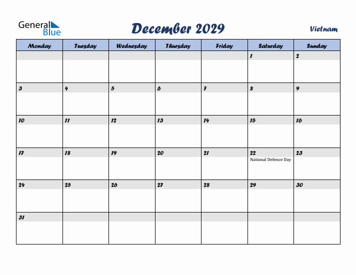 December 2029 Calendar with Holidays in Vietnam