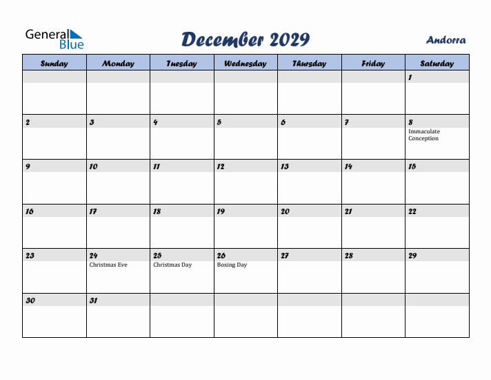 December 2029 Calendar with Holidays in Andorra