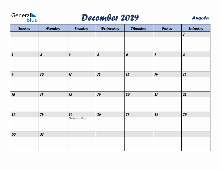 December 2029 Calendar with Holidays in Angola
