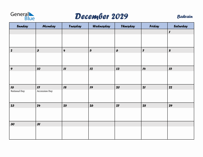 December 2029 Calendar with Holidays in Bahrain