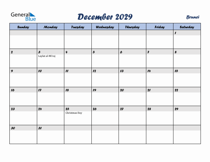 December 2029 Calendar with Holidays in Brunei