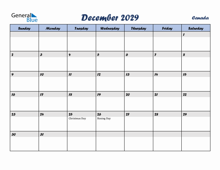 December 2029 Calendar with Holidays in Canada