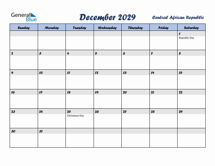 December 2029 Calendar with Holidays in Central African Republic