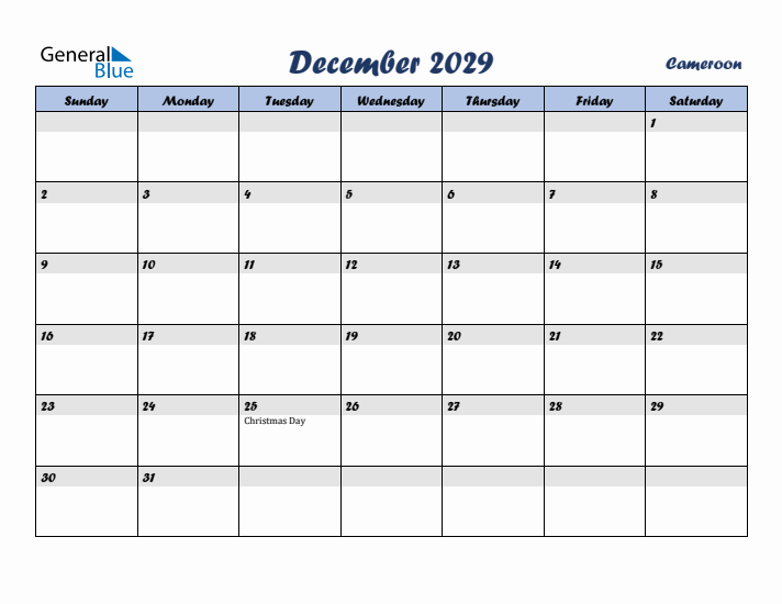 December 2029 Calendar with Holidays in Cameroon