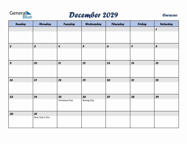 December 2029 Calendar with Holidays in Curacao