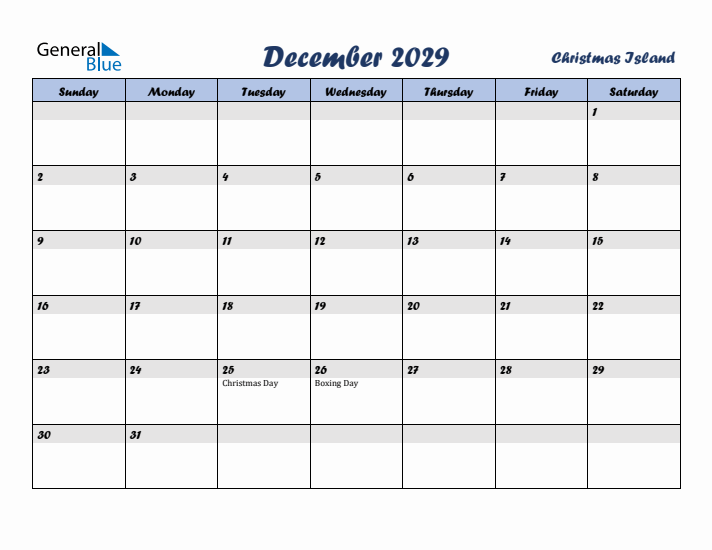 December 2029 Calendar with Holidays in Christmas Island