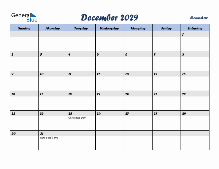 December 2029 Calendar with Holidays in Ecuador