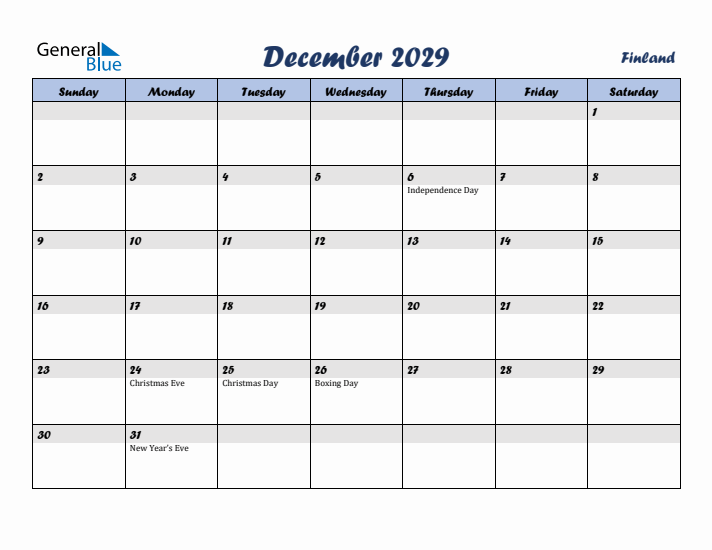 December 2029 Calendar with Holidays in Finland