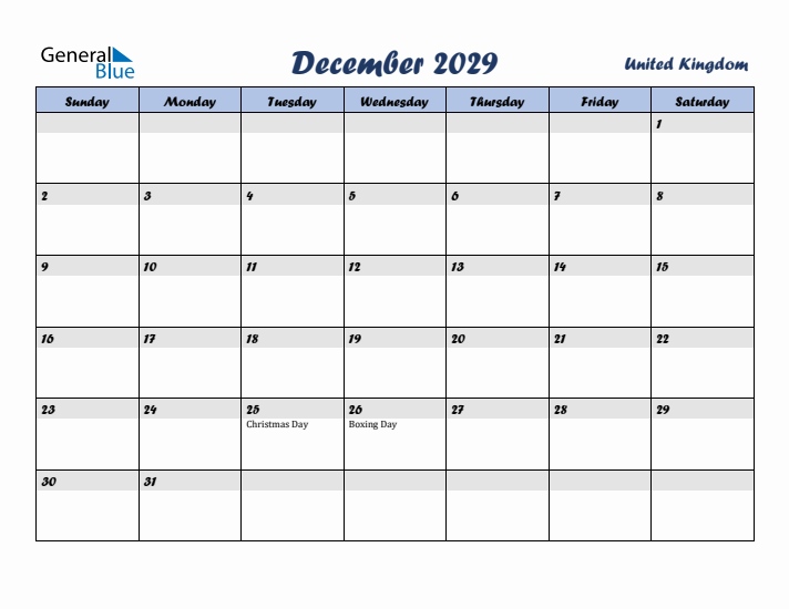 December 2029 Calendar with Holidays in United Kingdom