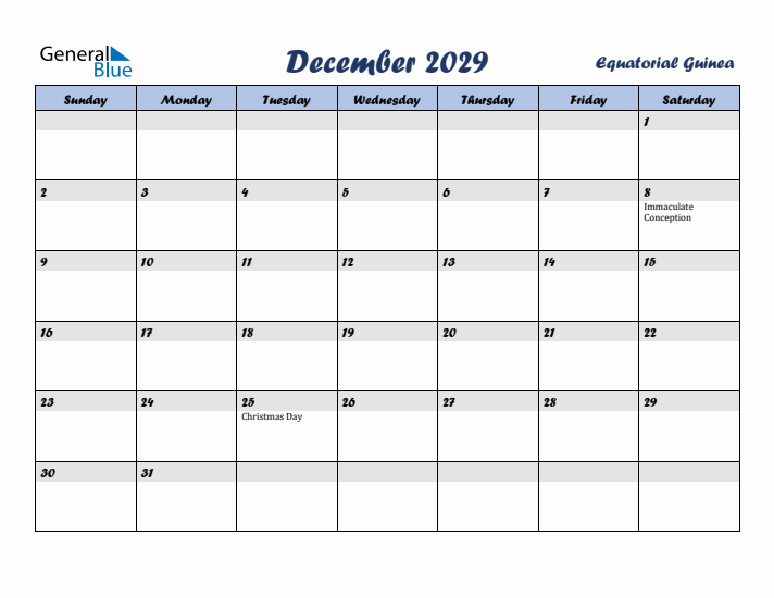 December 2029 Calendar with Holidays in Equatorial Guinea