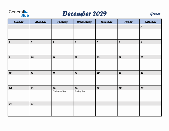 December 2029 Calendar with Holidays in Greece