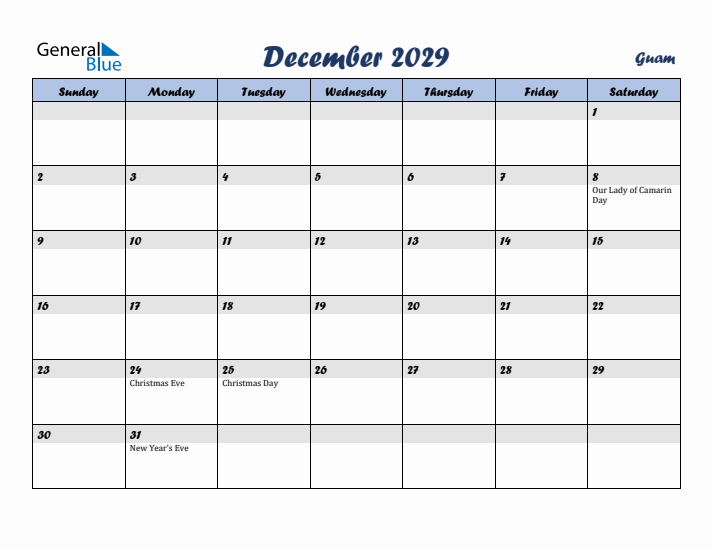 December 2029 Calendar with Holidays in Guam