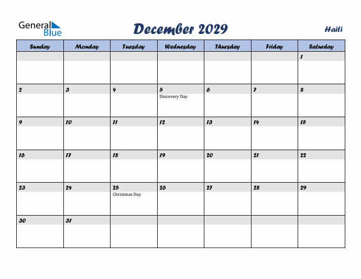 December 2029 Calendar with Holidays in Haiti