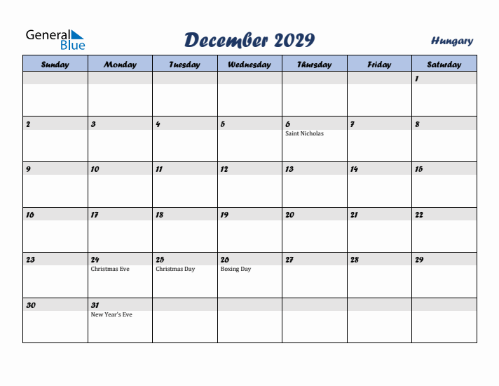 December 2029 Calendar with Holidays in Hungary