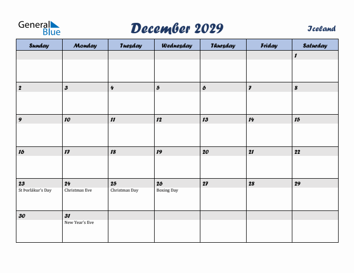 December 2029 Calendar with Holidays in Iceland