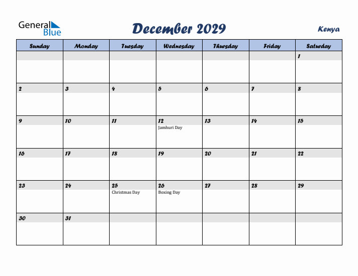 December 2029 Calendar with Holidays in Kenya