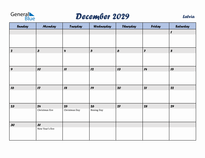 December 2029 Calendar with Holidays in Latvia