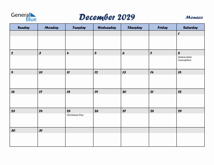 December 2029 Calendar with Holidays in Monaco