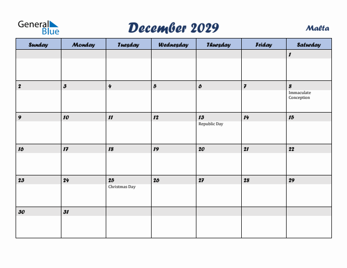 December 2029 Calendar with Holidays in Malta