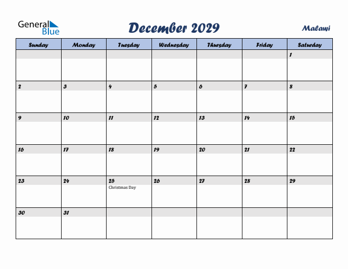 December 2029 Calendar with Holidays in Malawi