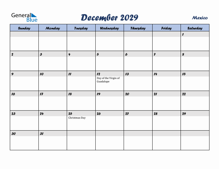 December 2029 Calendar with Holidays in Mexico