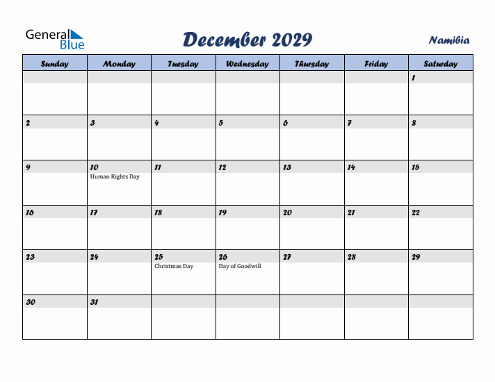 December 2029 Calendar with Holidays in Namibia