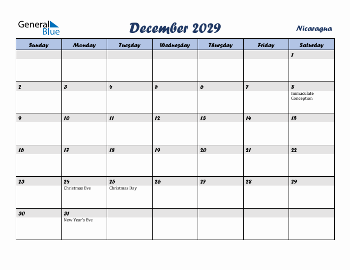 December 2029 Calendar with Holidays in Nicaragua