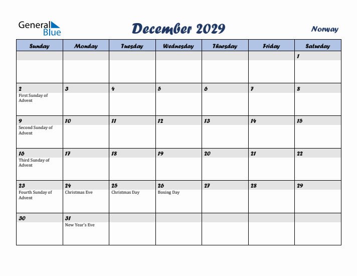 December 2029 Calendar with Holidays in Norway