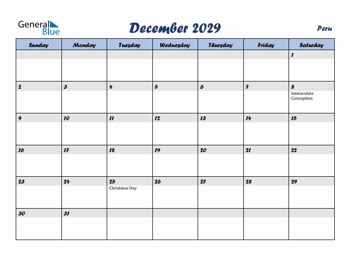 December 2029 Calendar with Holidays in Peru