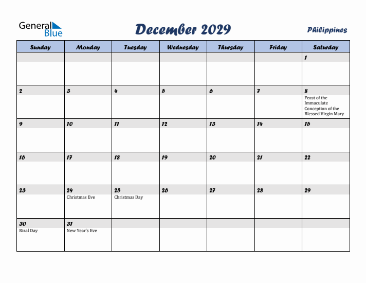 December 2029 Calendar with Holidays in Philippines