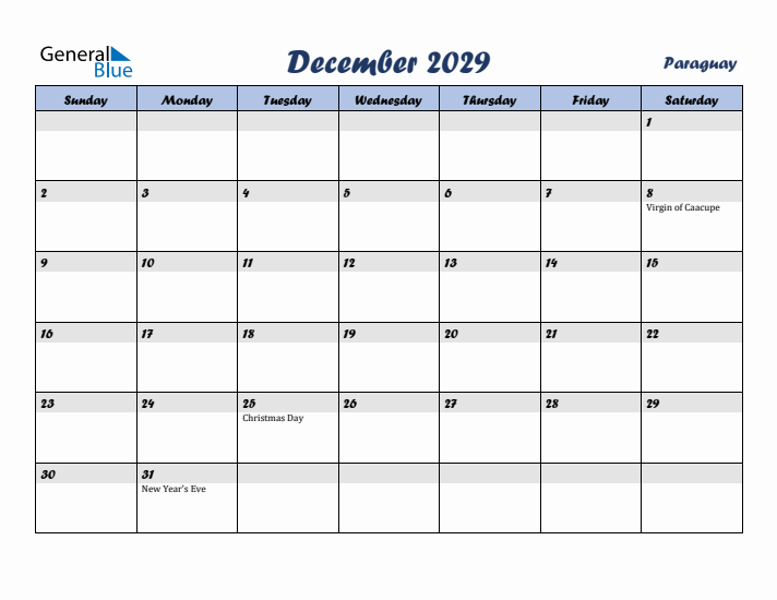 December 2029 Calendar with Holidays in Paraguay
