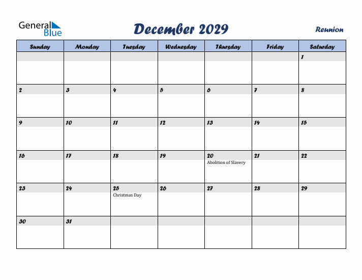 December 2029 Calendar with Holidays in Reunion