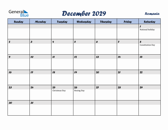 December 2029 Calendar with Holidays in Romania