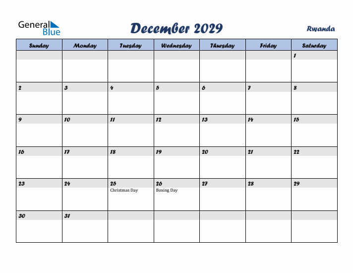 December 2029 Calendar with Holidays in Rwanda