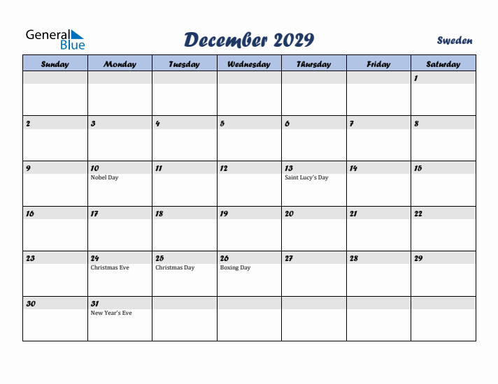 December 2029 Calendar with Holidays in Sweden