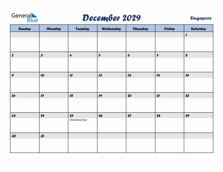 December 2029 Calendar with Holidays in Singapore